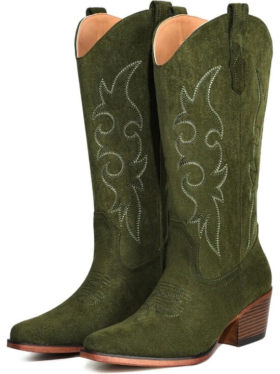 Shoes - Women’s Green Suede Western Cowgirl Cowboy Boots Mid-Calf Snip Toe Chunky Heel